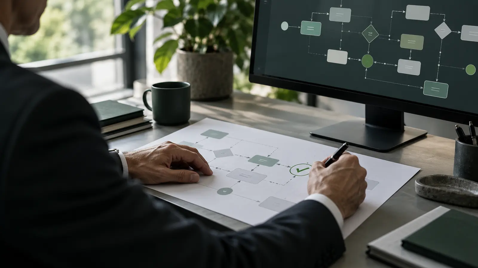 A person reviews an approval checkpoint in a workflow diagram beside a process screen.