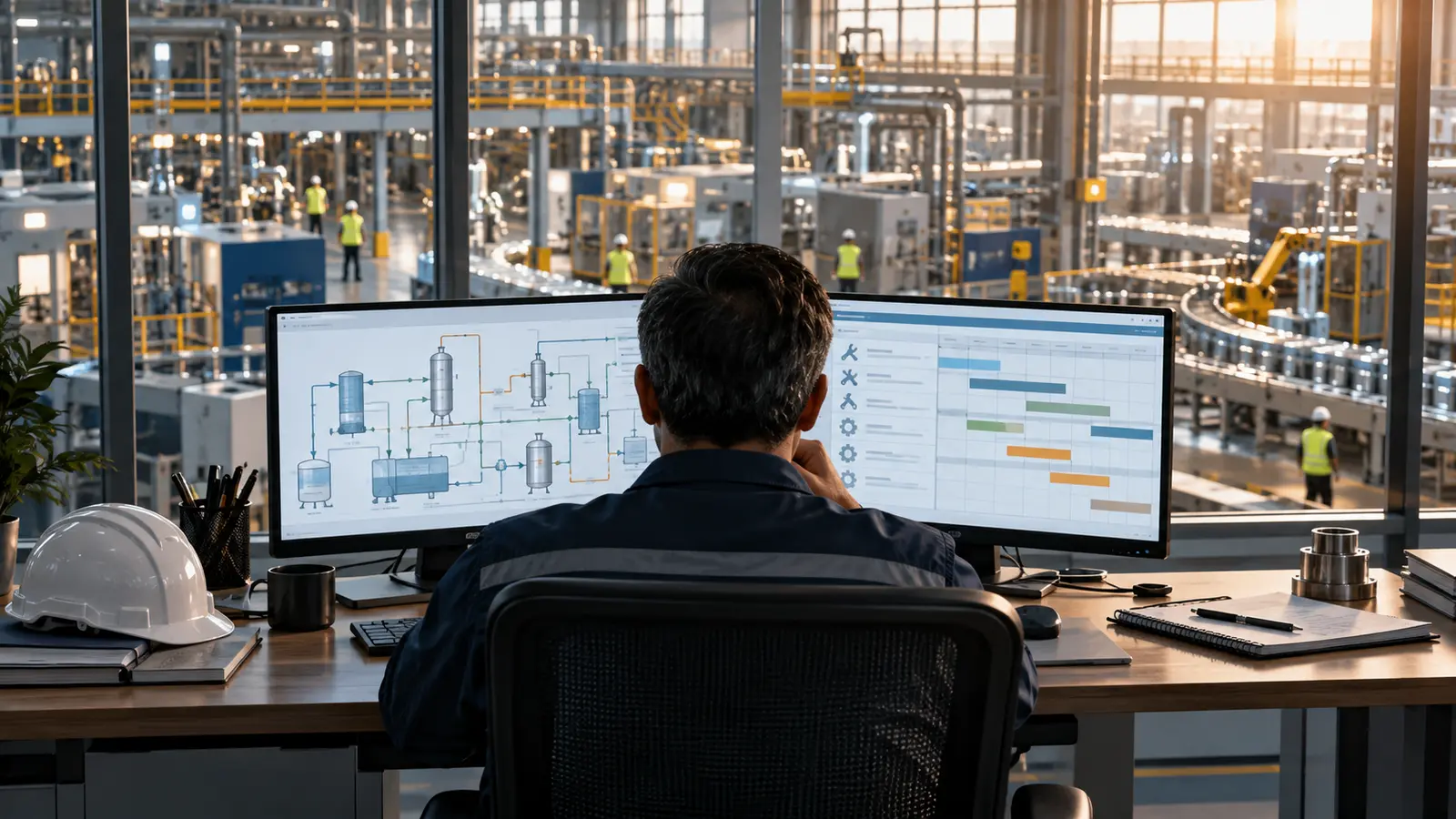 Uma pessoa revisa um esquema de processos ao lado de uma planta industrial em operação.