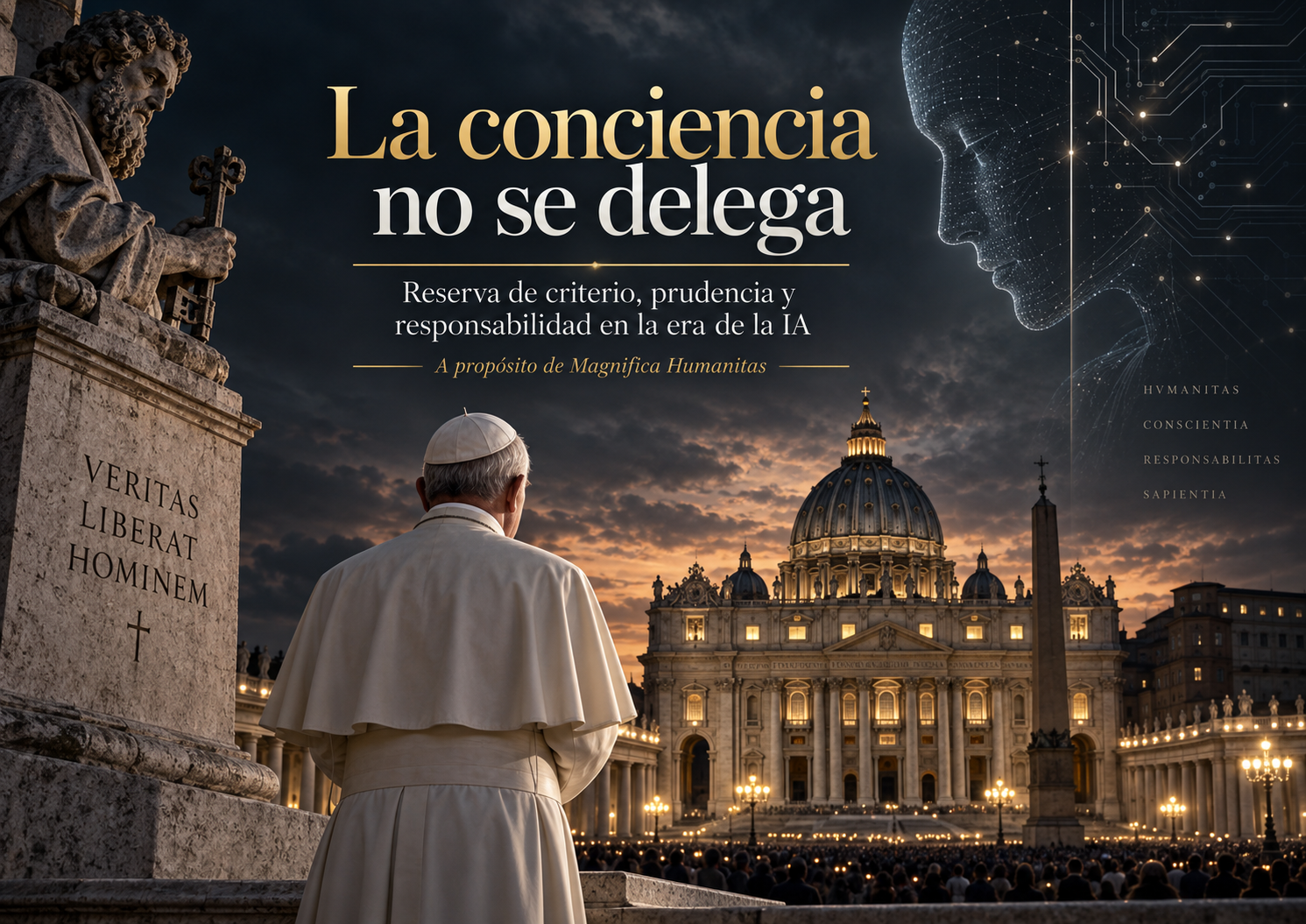 Pope Leo XIV and an editorial representation of human conscience facing artificial intelligence